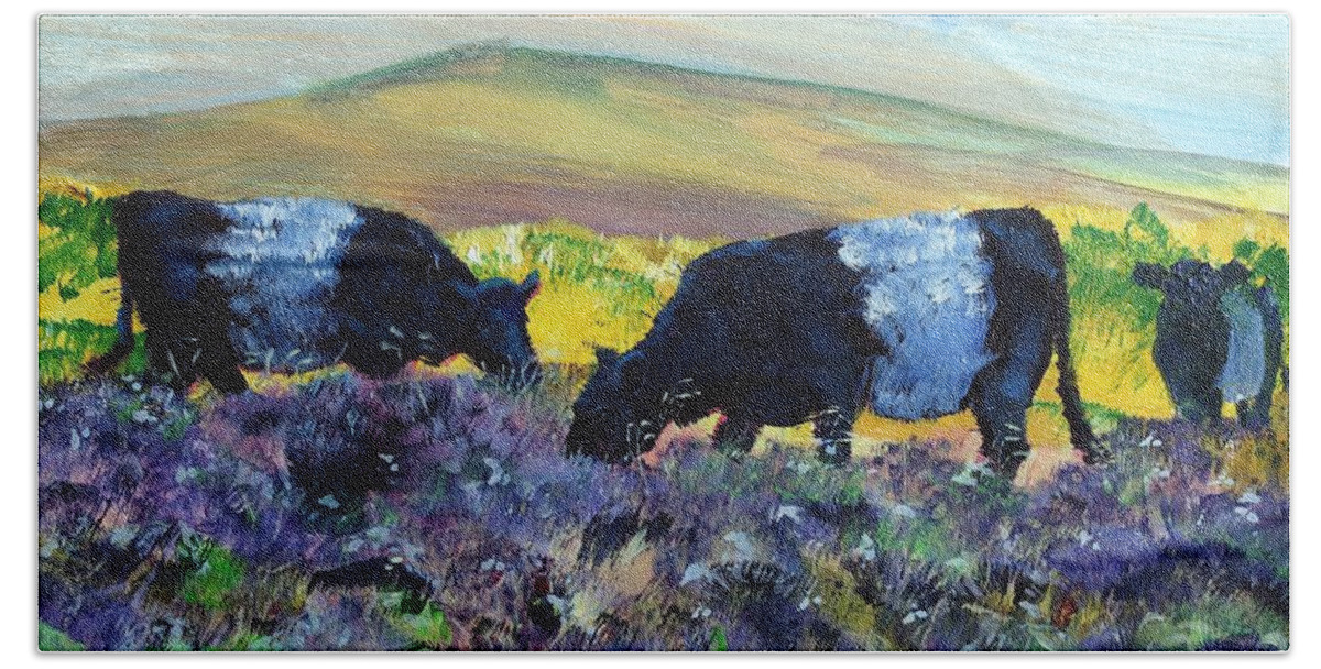 Belted Galloway Cows Beach Towel featuring the painting Belted Galloway Cows in purple heather by Mike Jory