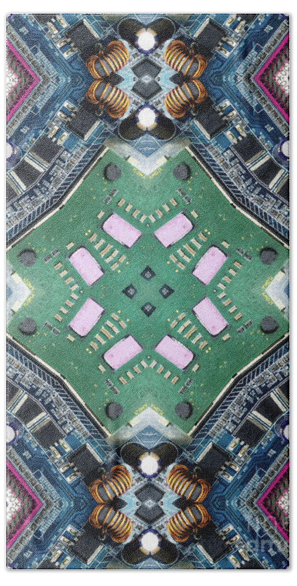 Chip Beach Towel featuring the photograph Computer Circuit Board Kaleidoscopic Design #4 by Amy Cicconi