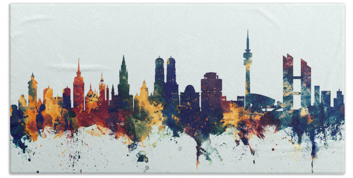 City Skyline Beach Towel featuring the digital art Munich Germany Skyline #4 by Michael Tompsett