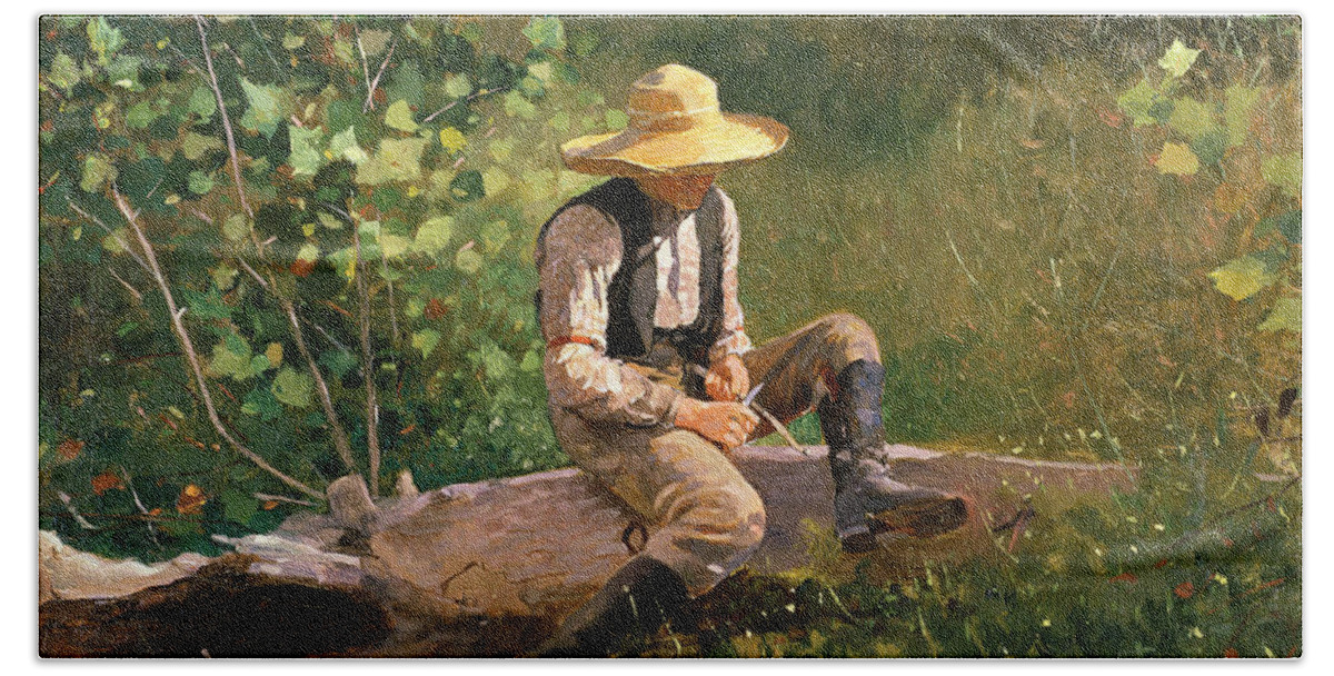 Winslow Homer Beach Towel featuring the painting The whittling boy by Winslow Homer