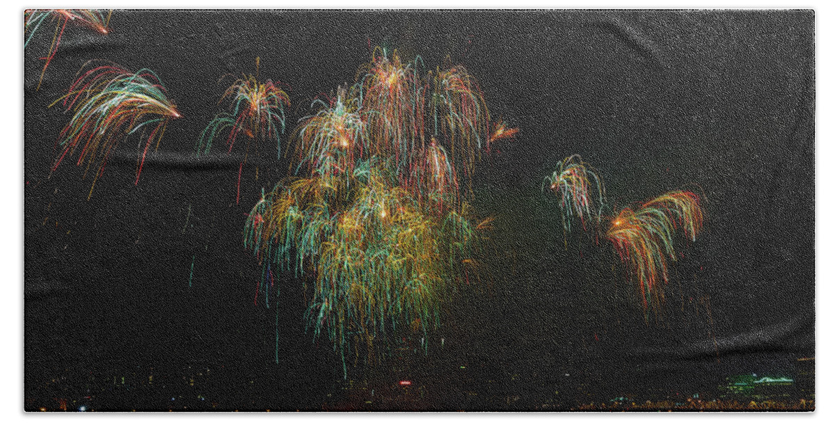 4th Beach Sheet featuring the photograph 4th of July Fireworks from the Barge Portland Oregon by David Gn