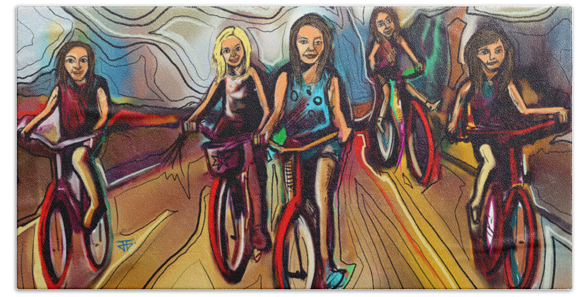  Beach Towel featuring the painting 5 Bike Girls by John Gholson