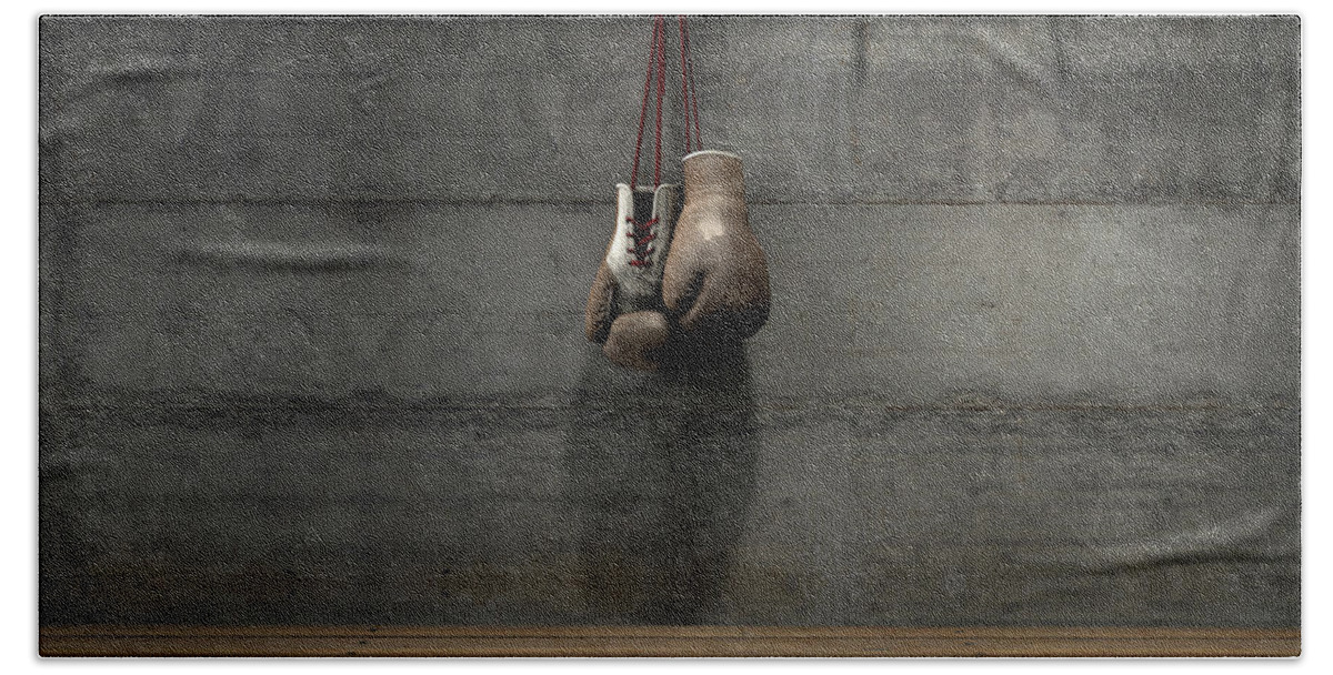 Worn Beach Towel featuring the digital art Worn Vintage Boxing Gloves Hanging In Change Room #5 by Allan Swart