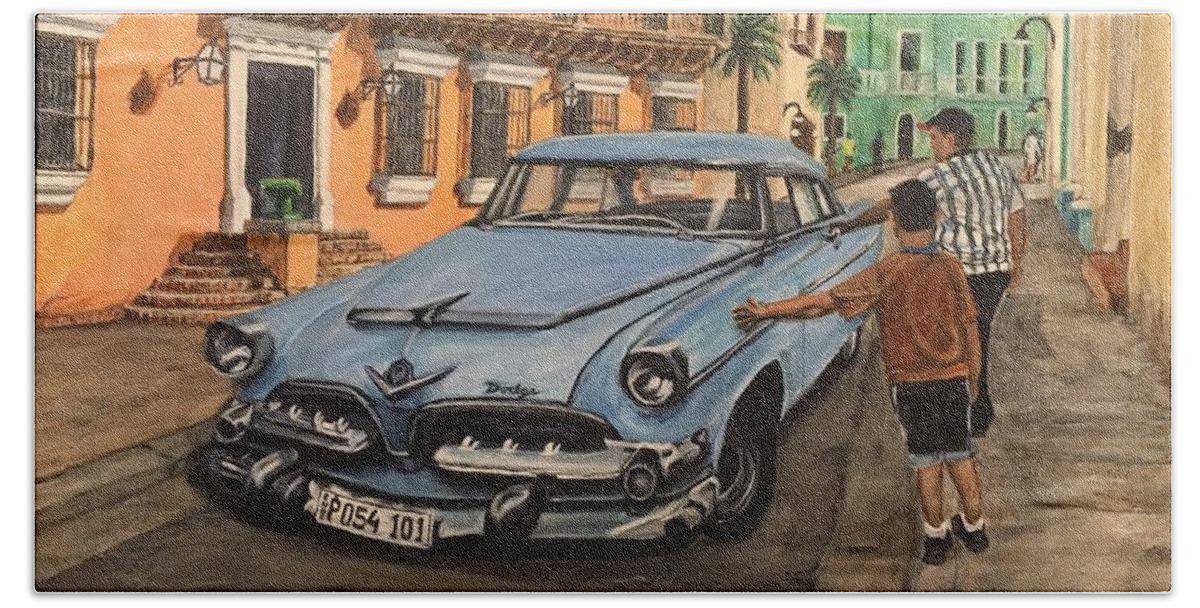 Classic Car Beach Towel featuring the painting 50's Classic in Cuba by Bonnie Peacher