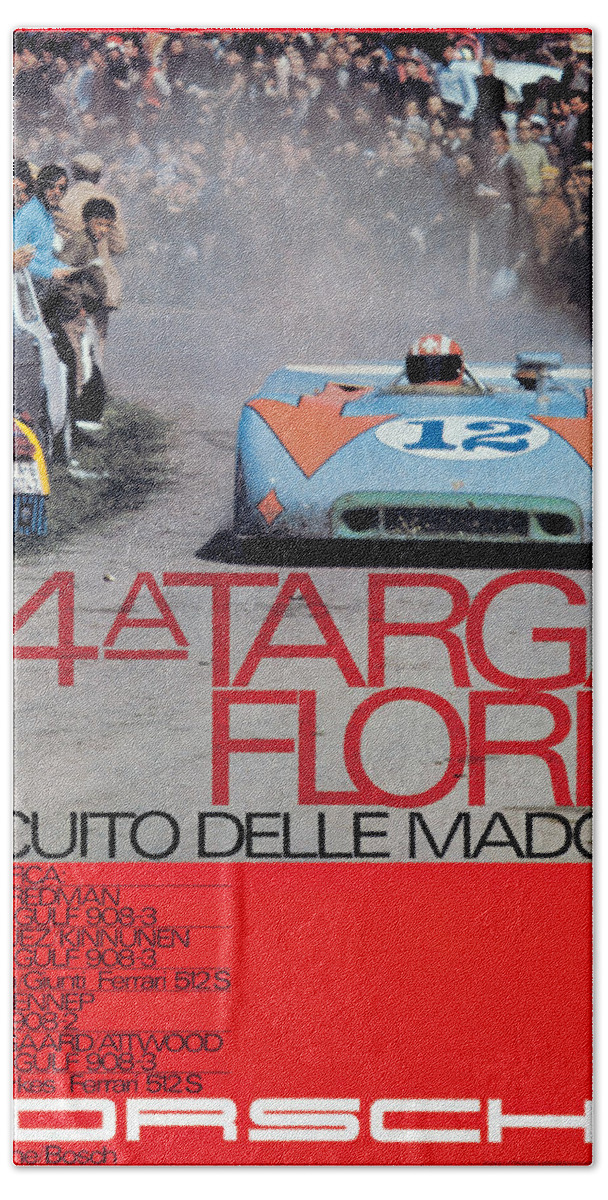54th Beach Towel featuring the digital art 54th Targa Florio Porsche Race Poster by Georgia Clare