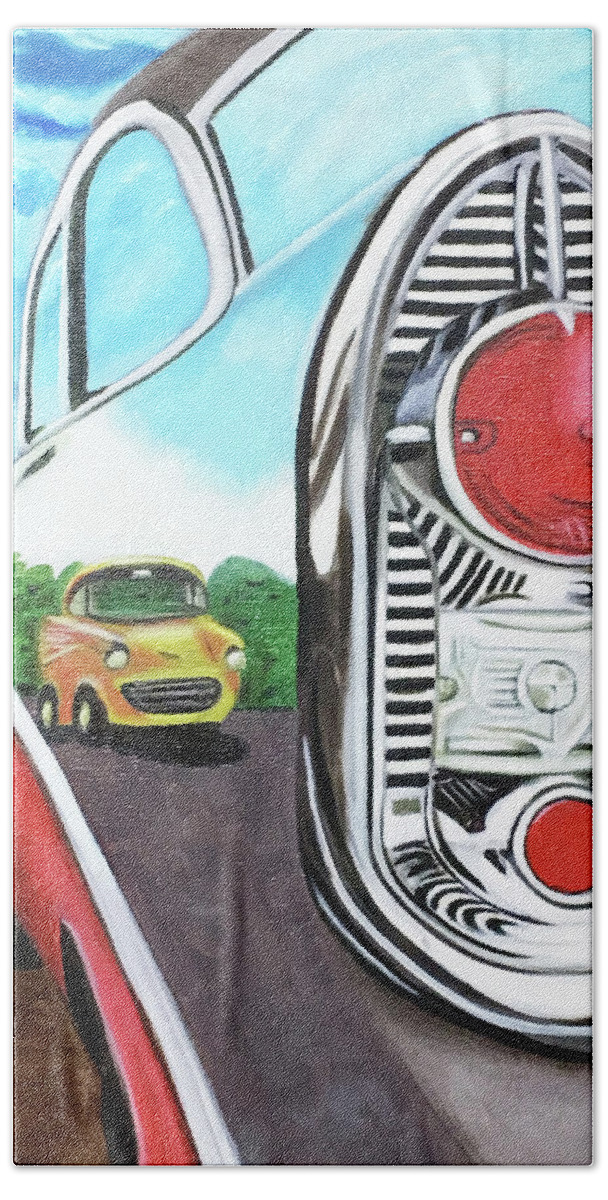 Glorso Beach Towel featuring the painting 56 Chevy Reflections by Dean Glorso