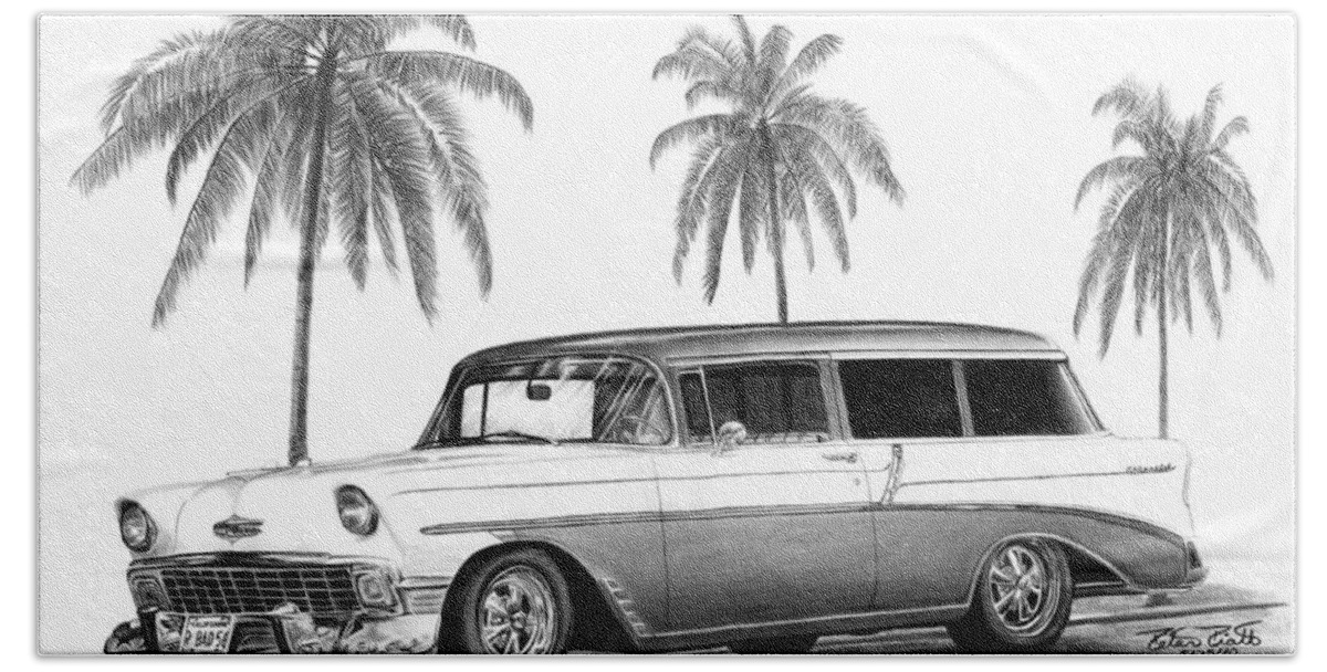 1957 Chevrolet Wagon Beach Towel featuring the drawing 56 Chevy Wagon by Peter Piatt