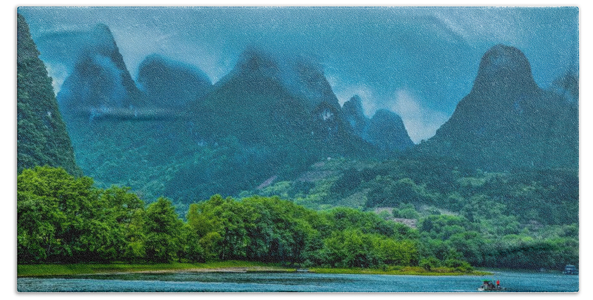 Scenery Beach Sheet featuring the photograph Karst mountains and Lijiang River scenery #58 by Carl Ning
