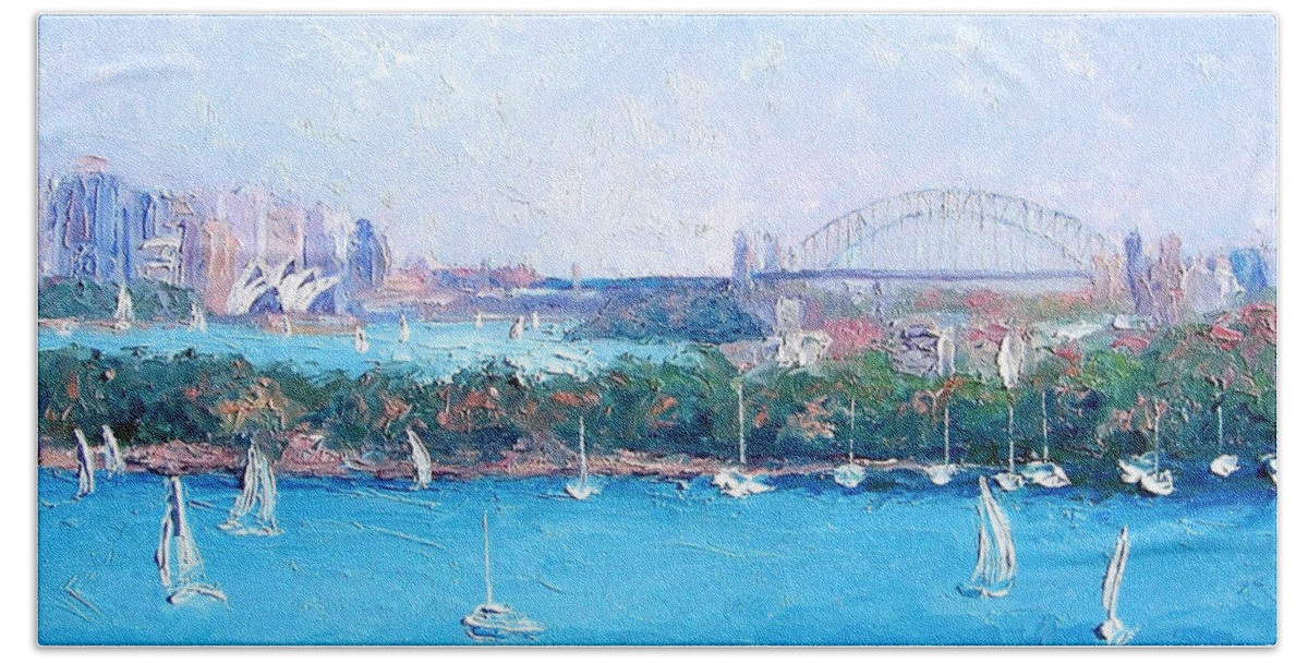 Sydney Harbour Beach Towel featuring the painting Sydney Harbour and the Opera House by Jan Matson #3 by Jan Matson