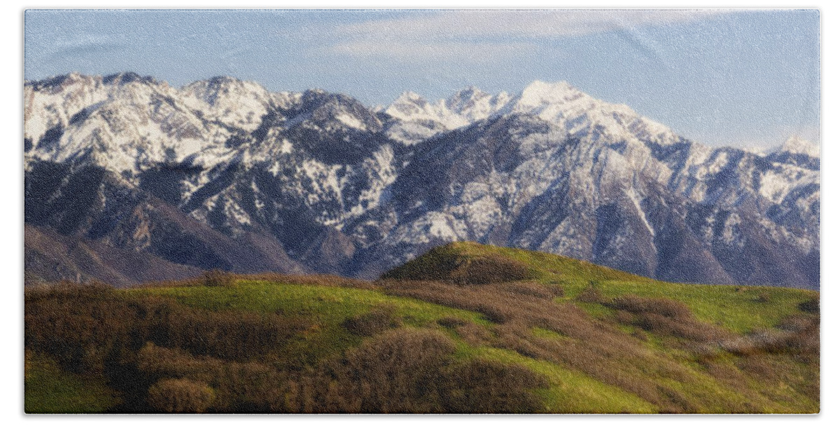 The Wasatch Mountains As Seen From The Bonneville Shoreline Trail Near Downtown Salt Lake City Beach Sheet featuring the photograph Wasatch Mountains #6 by Douglas Pulsipher