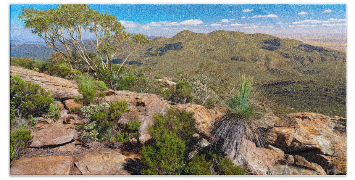 Wilpena Pound Flinders Ranges Outback Landscape Landscapes South Australia Australian Gum Trees Mountains Rock Outcrop Beach Towel featuring the photograph Wilpena Pound #7 by Bill Robinson