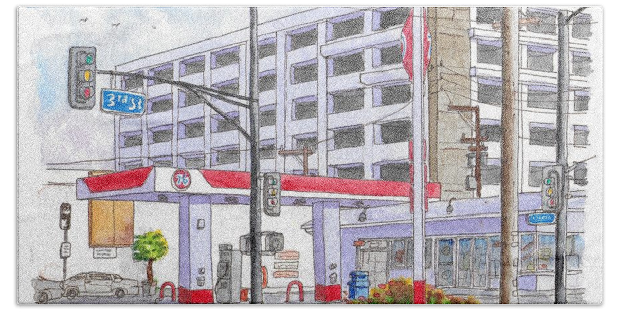 76 Gas Station Beach Towel featuring the painting 76 Gas Station in 3rd Street and Robertson Blvd, Beverly Hills, California by Carlos G Groppa