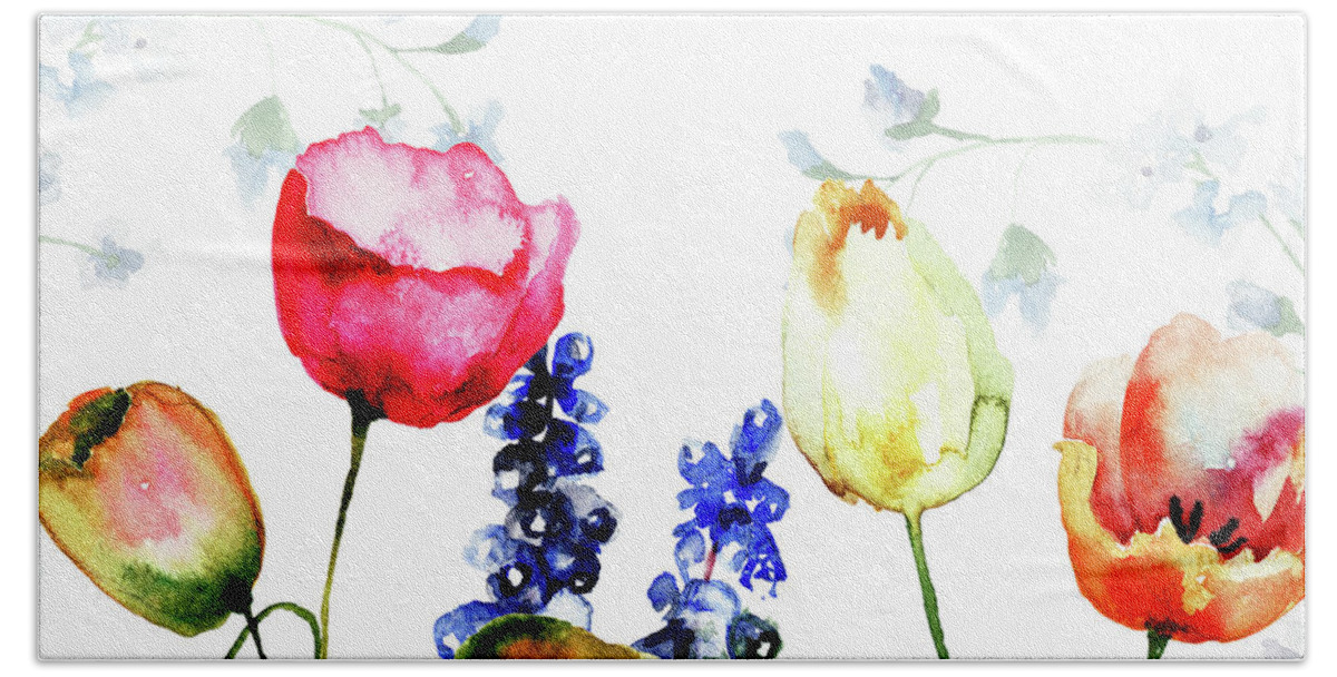 Art Beach Towel featuring the painting Tulips flowers #8 by Regina Jershova