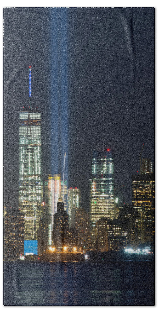 View Of Freedom Tower With Tribute In Light Beach Towel featuring the photograph 9.11.2015 Tribute In Light #9112015 by Kenneth Cole