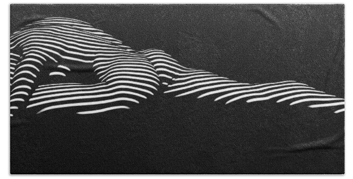 Striped Nude Feline Woman Yoga Pigeon Pose Abstract Black White Fine Art Erotic Sensual Tasteful Beach Towel featuring the photograph 9474 Zebra Stripe Yoga Pigeon Pose Feline Grace by Chris Maher