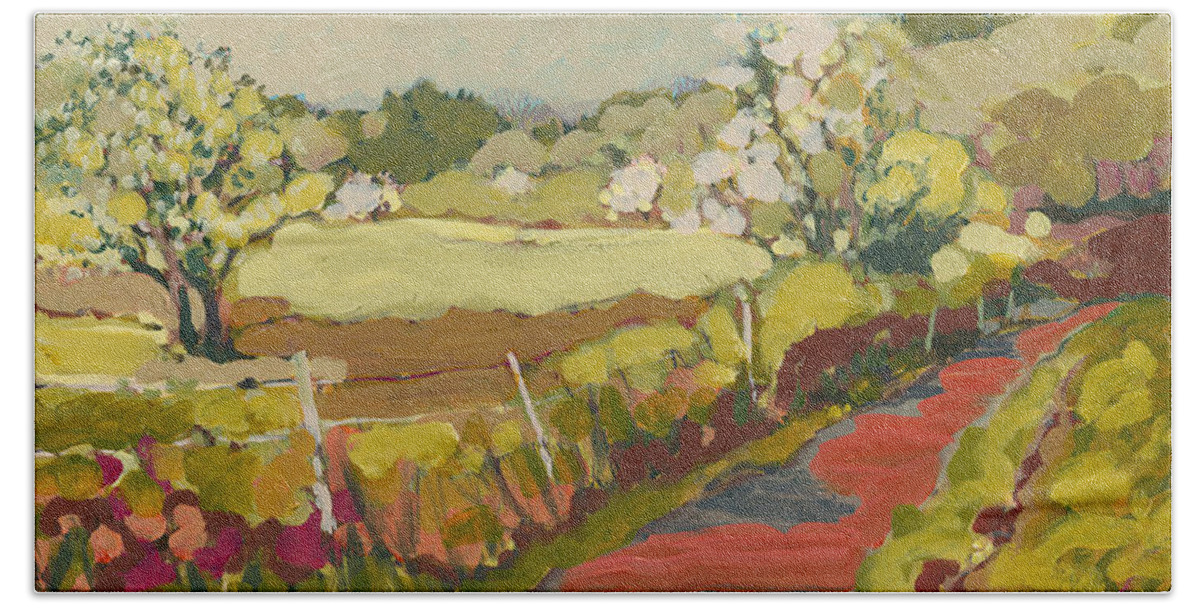 Landscape Beach Towel featuring the painting A Bend in the Road by Jennifer Lommers
