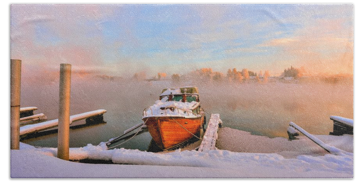 Landscape Beach Sheet featuring the photograph Boat on frozen lake by Rose-Maries Pictures