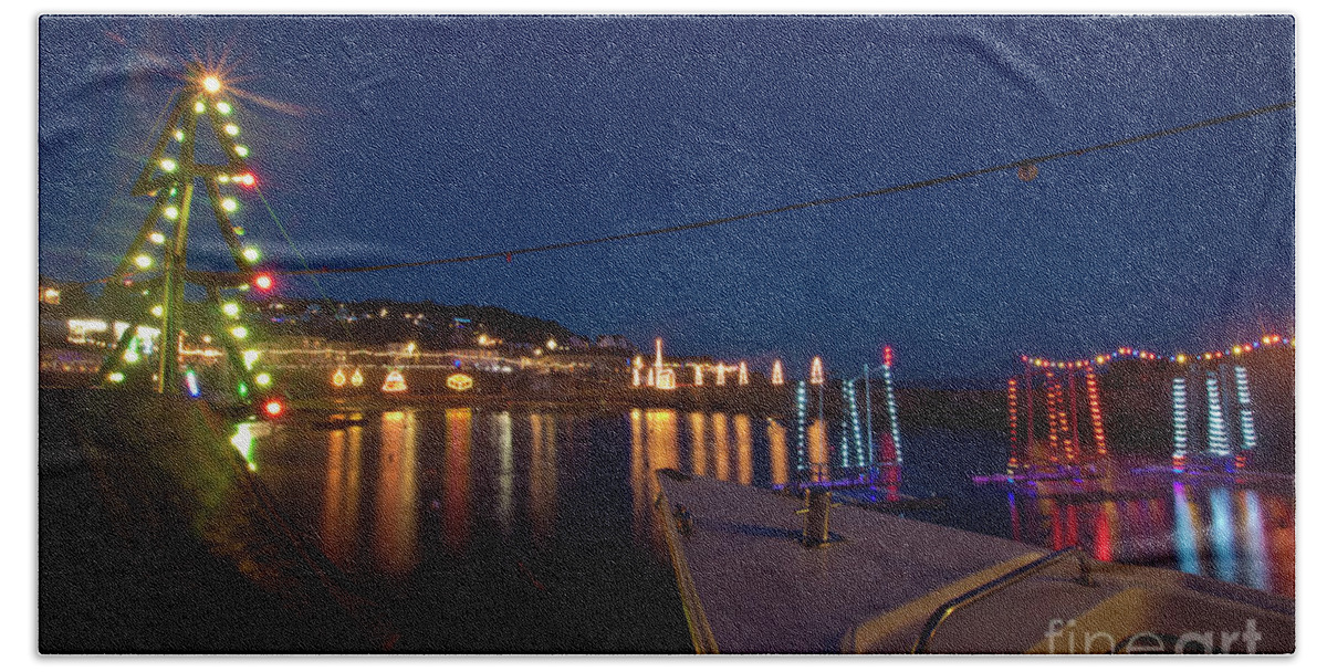 Mousehole Beach Towel featuring the photograph A Boat's View of Mousehole Christmas Lights by Terri Waters