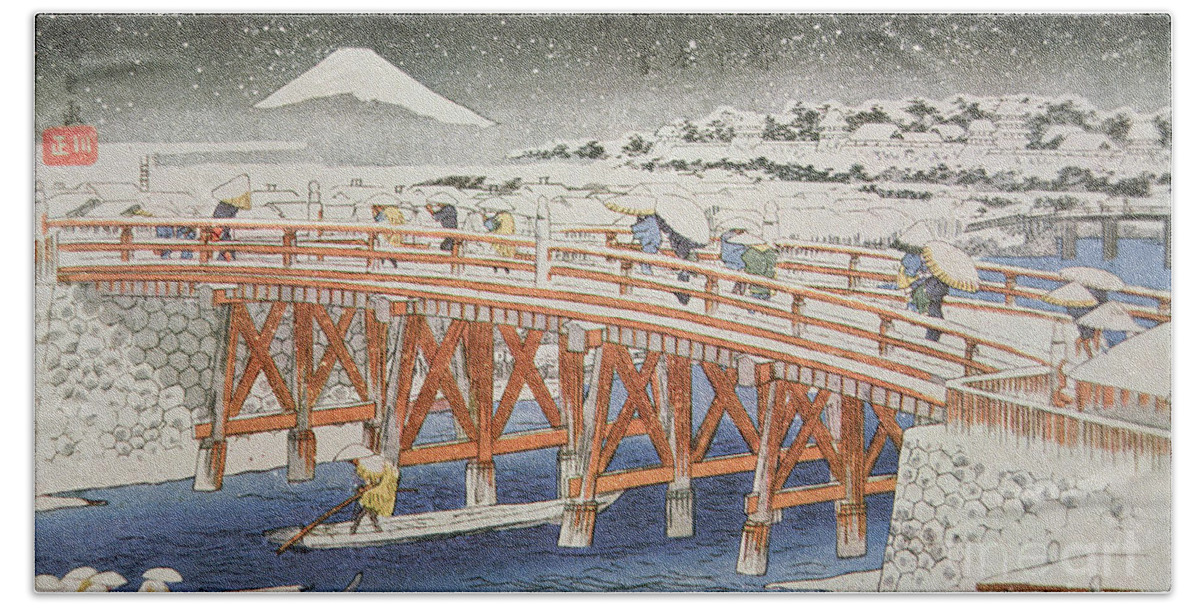 Japan Beach Towel featuring the painting A Bridge in Yedo with Mount Fuji in the Background by Hiroshige