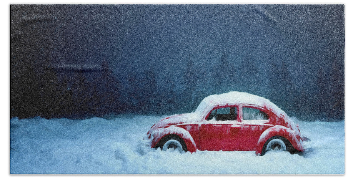 Volkswagen Beach Towel featuring the painting A Bug in the Snow by David Dehner