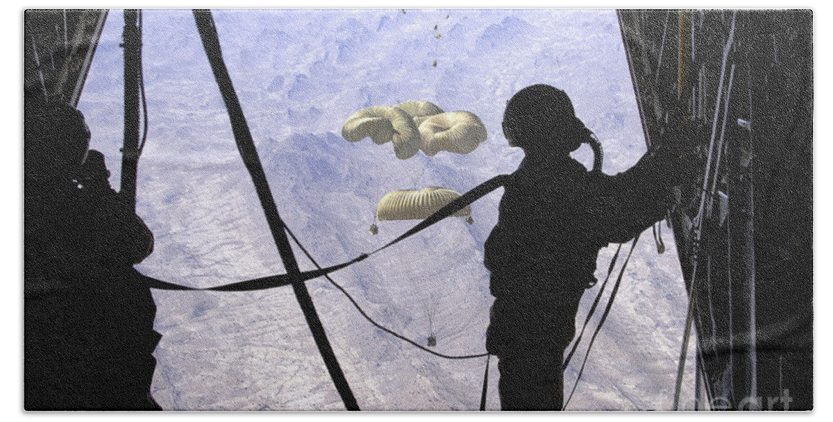 Adults Only Beach Towel featuring the photograph A C-130 Hercules Loadmaster Observes by Stocktrek Images