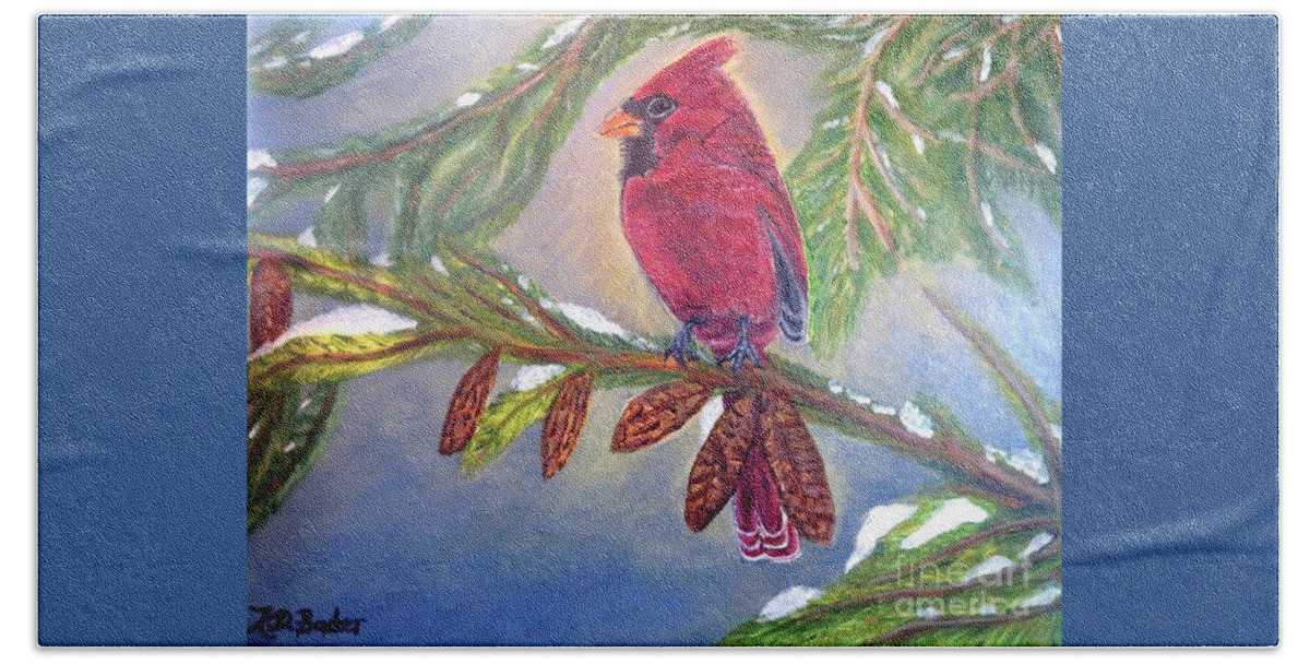 Nature Scene Inspirational Message Melted Snow Pine Tree Branches Hunter Green Brown Earth Tones Male Cardinal Red Blue Sky Background Dappled Golden Sunlight White Melting Snow Beach Sheet featuring the painting A Cardinal's Sweet and Savory Song of Winter Thawing Painting by Kimberlee Baxter