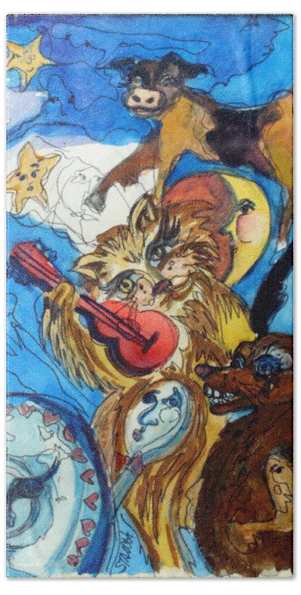 Hickery Dickory Dock Beach Sheet featuring the painting A Cat and A Fiddle by Mindy Newman