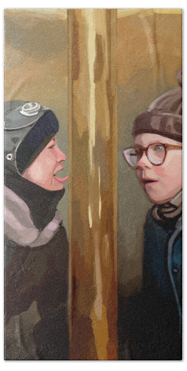 Christmas Story Beach Sheet featuring the painting A Christmas Story Tongue Stuck to Pole by Brett Hardin