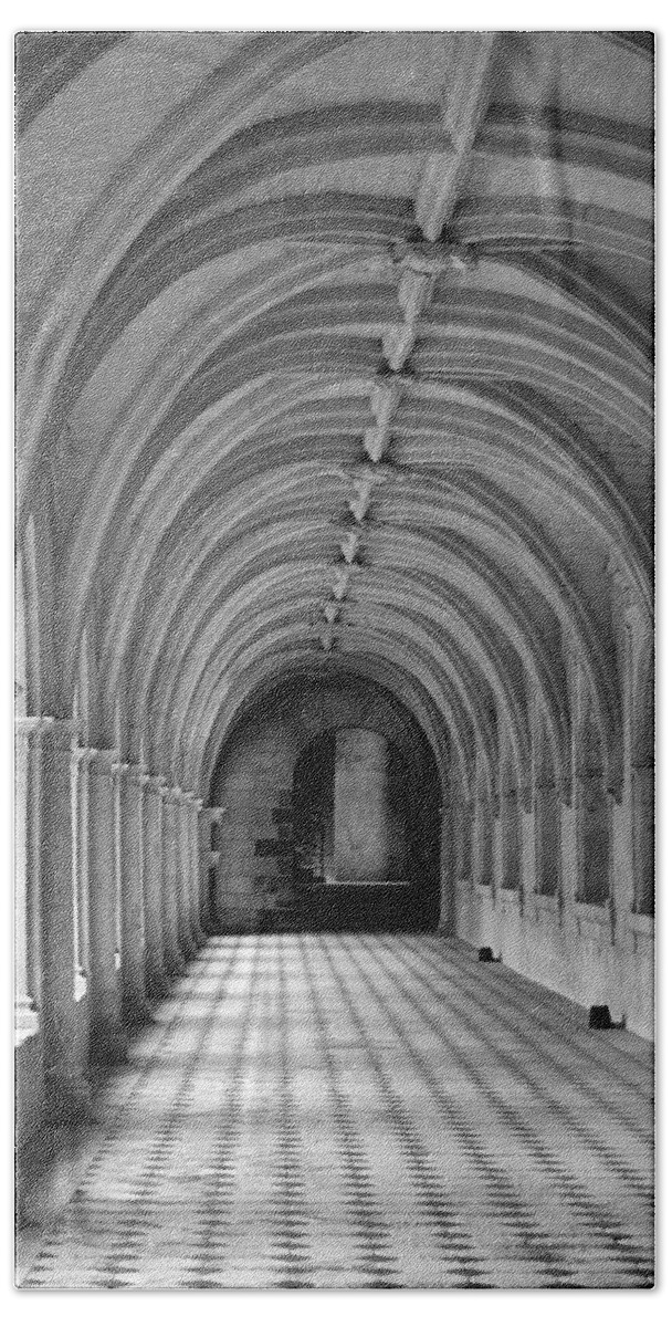 Cloister Beach Towel featuring the photograph A Cloister Gallery In Fontevraud Abbey by Dave Mills