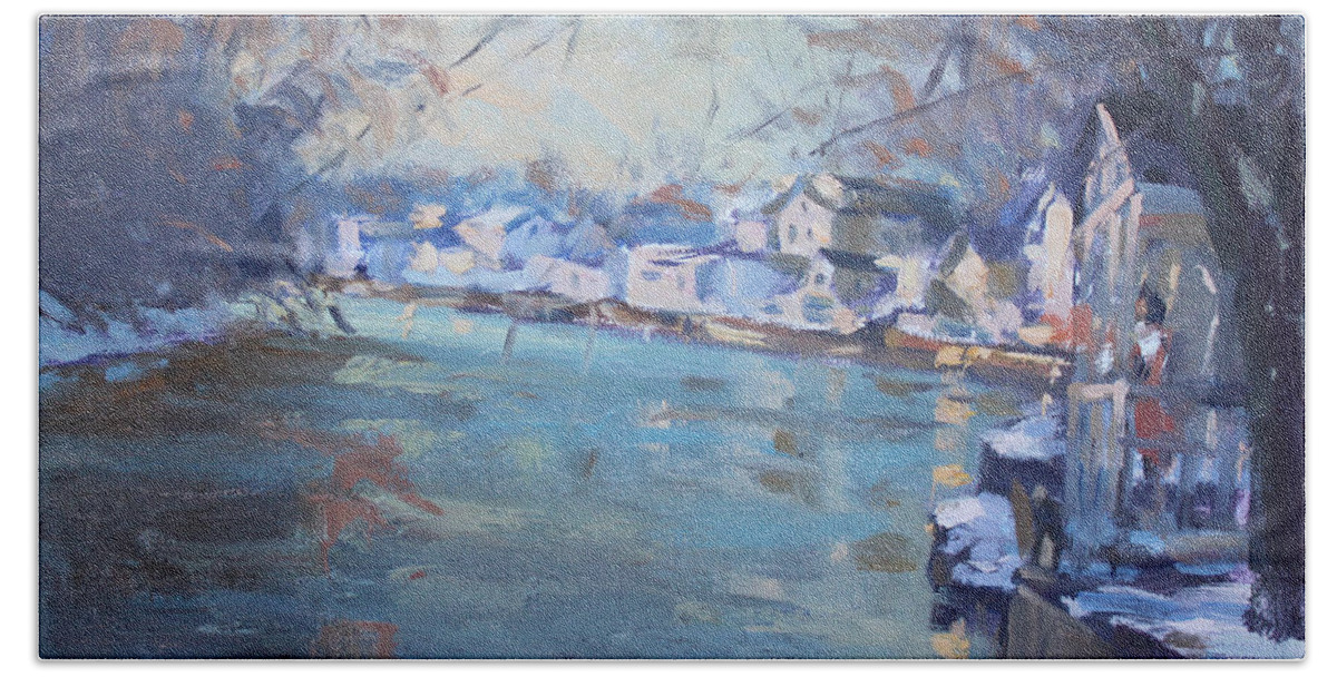 River Beach Towel featuring the painting A Cold Late Afternoon by Ylli Haruni