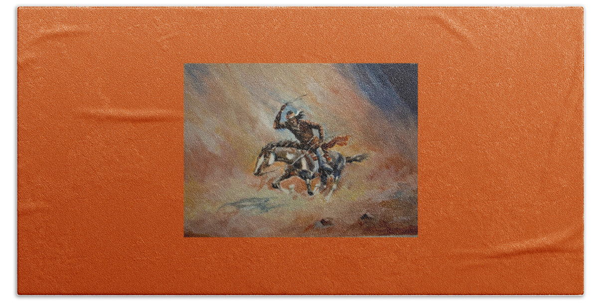 American Indian Beach Towel featuring the painting A Dash for Cover Racing Oncoming Sandstorm  by Al Brown