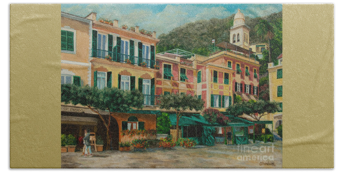Portofino Italy Art Beach Towel featuring the painting A Day in Portofino by Charlotte Blanchard