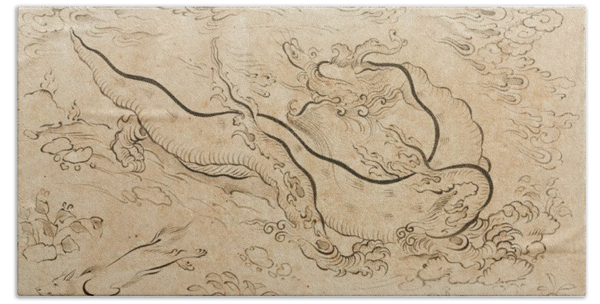 A Dragon Within A Landscape Beach Towel featuring the painting A dragon within a landscape by Eastern Accents