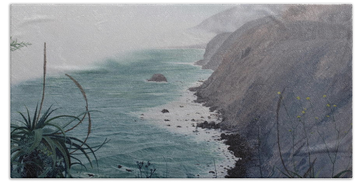 California Beach Sheet featuring the painting A fog creeps in by Barbara Barber