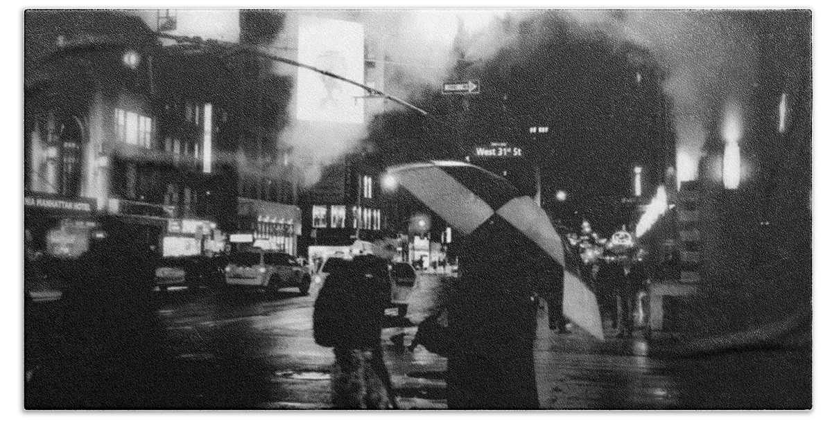 Street Photography Beach Sheet featuring the photograph A Foggy Night in New York Town - Checkered Umbrella by Miriam Danar