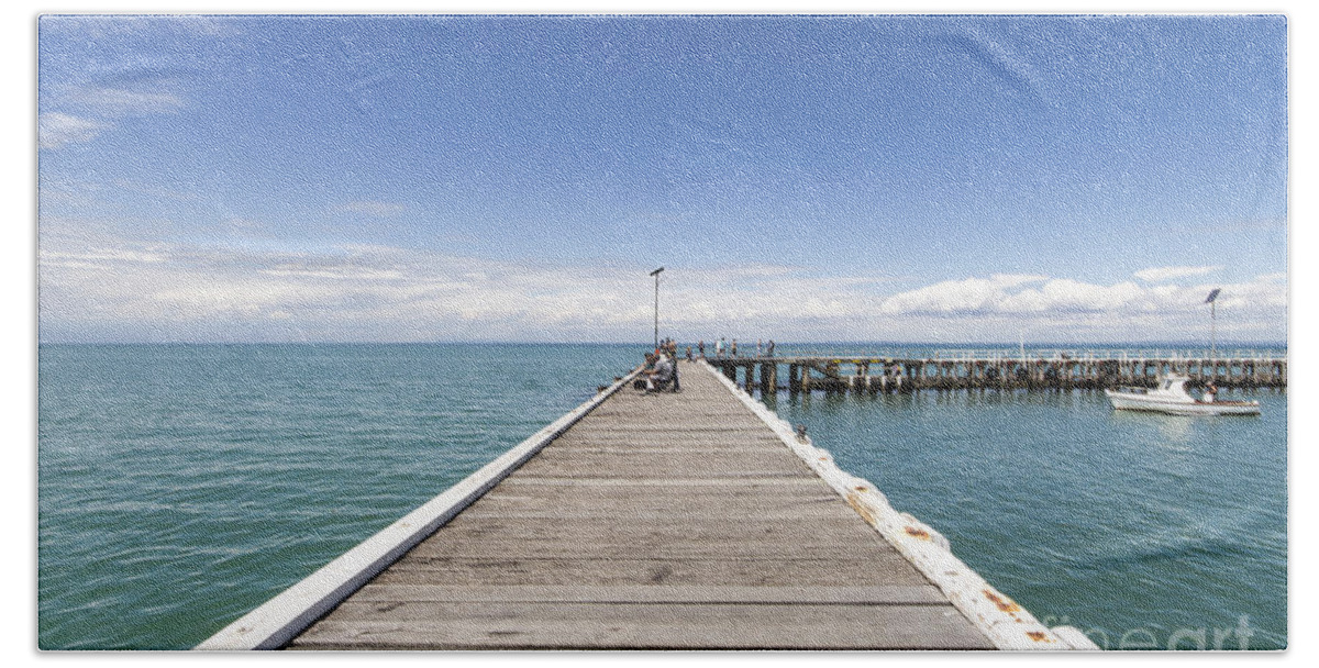 Pier Beach Towel featuring the photograph A great day for fishing by Linda Lees