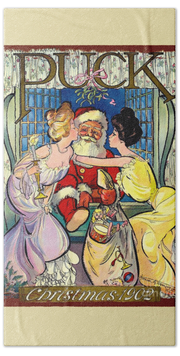 Santa Beach Towel featuring the painting A Kiss For Santa - 1902 Vintage by Ian Gledhill