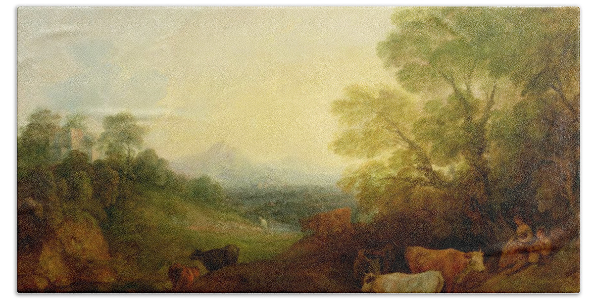 Landscape Beach Sheet featuring the painting A Landscape with Cattle and Figures by a Stream and a Distant Bridge by Thomas Gainsborough