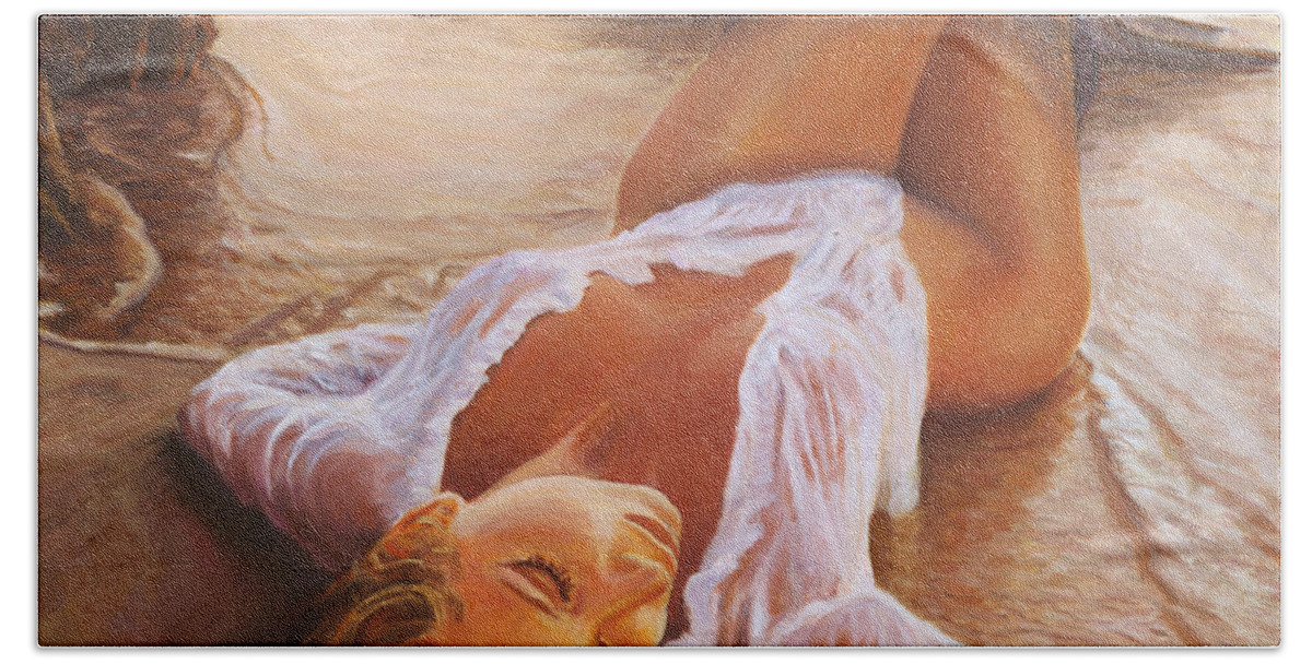 Mermaid Beach Towel featuring the painting A mermaid in the sunset by Marco Busoni