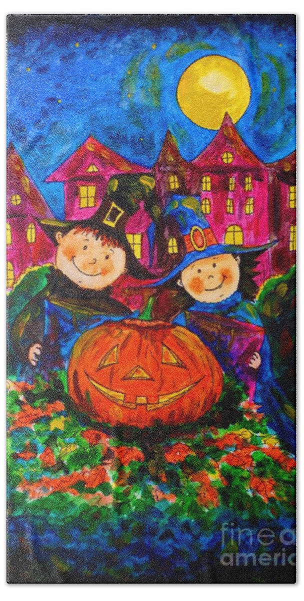 Merry Beach Sheet featuring the painting A Merry Halloween by Zaira Dzhaubaeva