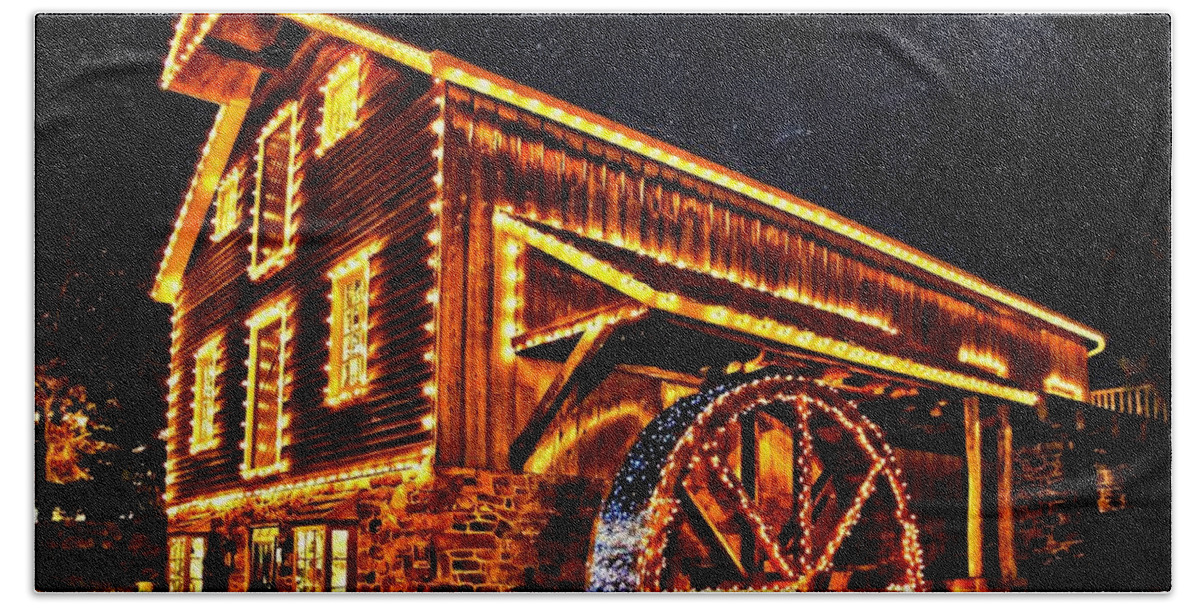 New Hope Beach Towel featuring the photograph A Mill in Lights by DJ Florek