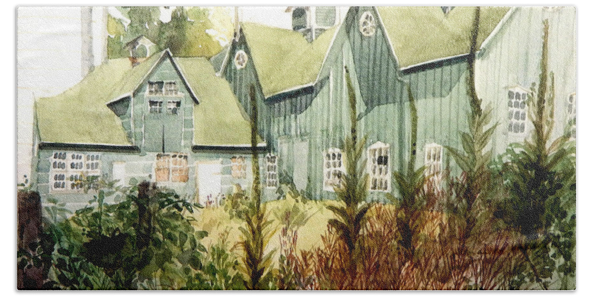 Greta Corens Watercolors Beach Sheet featuring the painting Watercolor of an old wooden barn painted green with silo in the sun by Greta Corens