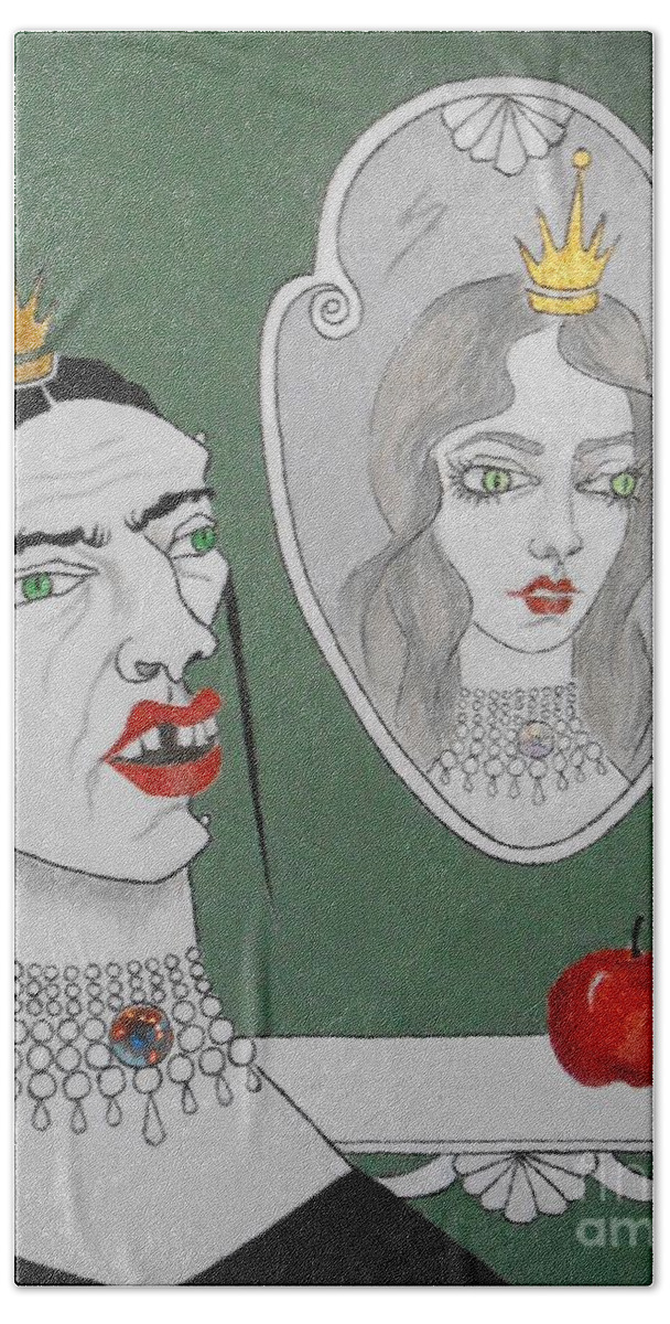 Snow White Beach Towel featuring the mixed media A Queen, Her Mirror and an Apple by Jayne Somogy