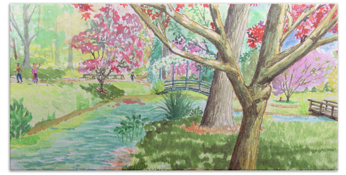 Garden Beach Sheet featuring the painting A quiet stroll in the Japanese Gardens of Gibbs Gardens by Nicole Angell