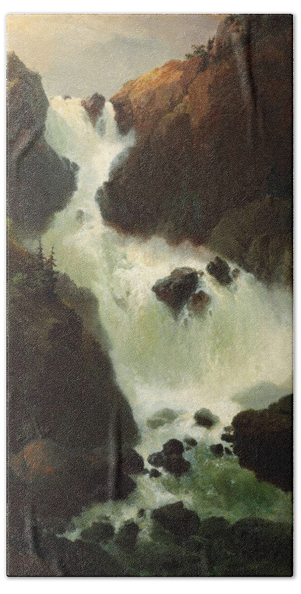 Vilhelm Melbye Beach Towel featuring the painting A raging waterfall. Laatefossen in Hardanger. Norway by Vilhelm Melbye