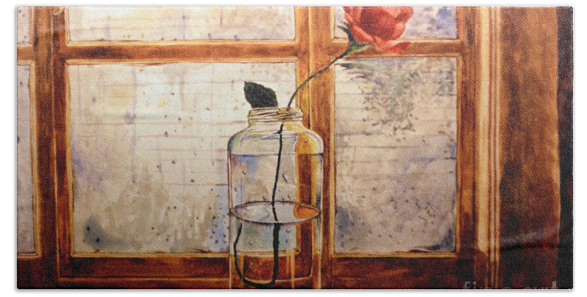 Rose Beach Towel featuring the painting A rose in a glass jar on a rainy day by Christopher Shellhammer