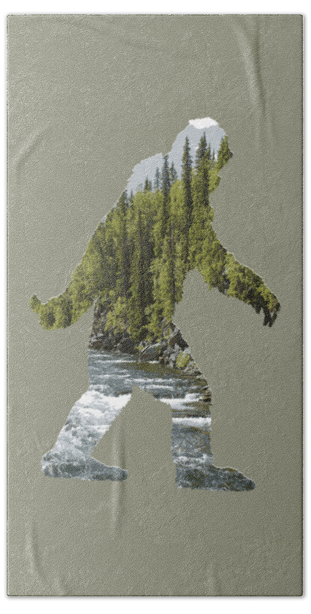Sasquatch Beach Towel featuring the digital art A Sasquatch Bigfoot Silhouette in The Wild River Rapids by Garaga Designs