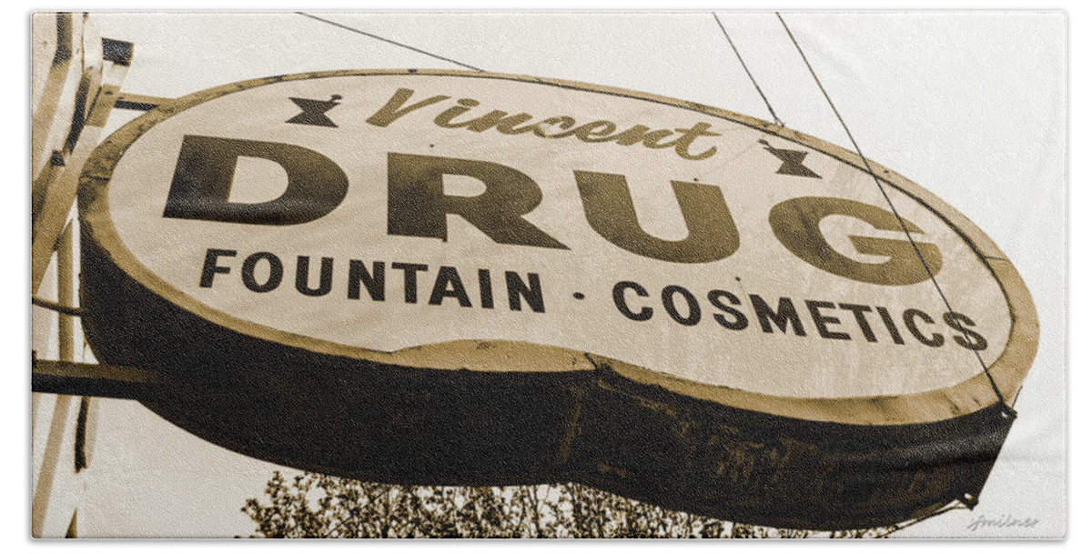 Vintage Beach Sheet featuring the photograph A Store For Everyone - Vintage Pharmacy Sign by Steven Milner