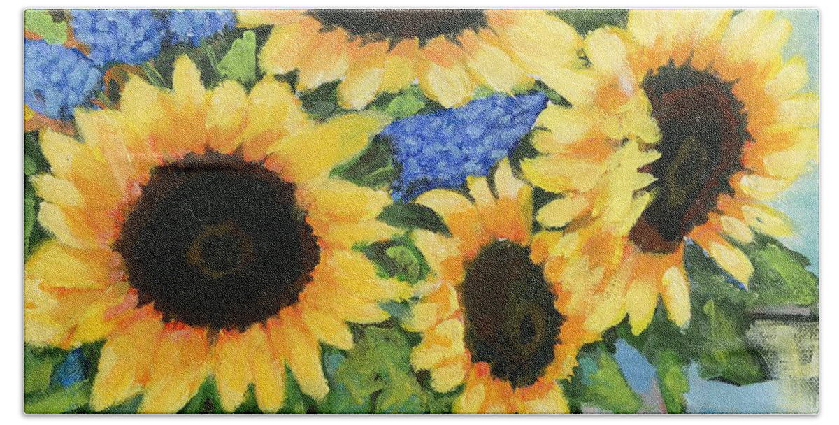 Sunflowers Beach Sheet featuring the painting A Sunny Arrangement by Debbie Brown