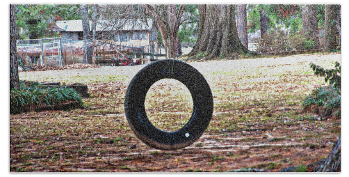 Tire Swing Beach Towel featuring the photograph A Tire Swing by Gina O'Brien